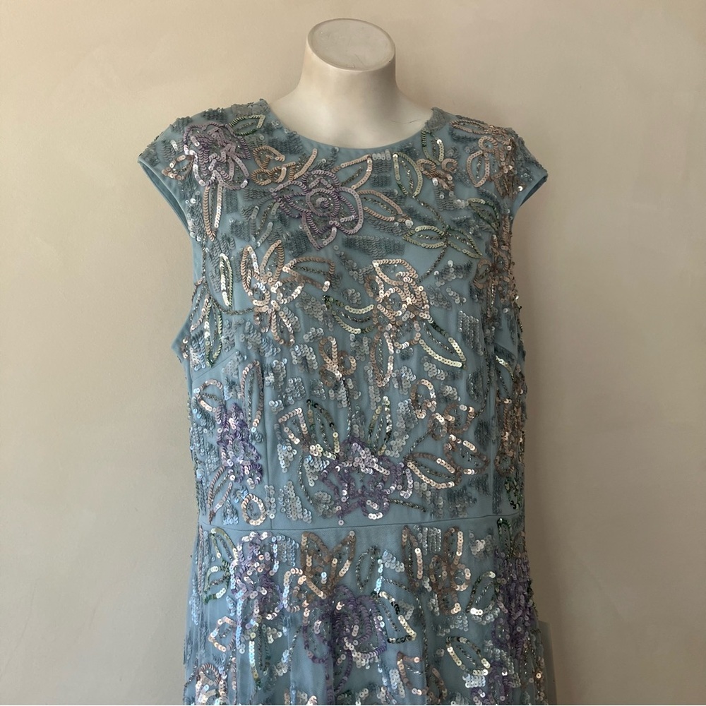 Mac Duggal | Sequined High Neck Baby Blue Cap Sleeve A Line Gown Plus Size - Picture 3 of 15